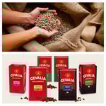 En bild av en hand som håller kaffebönor och en bild av vakia mörkrostade kaffeprodukter